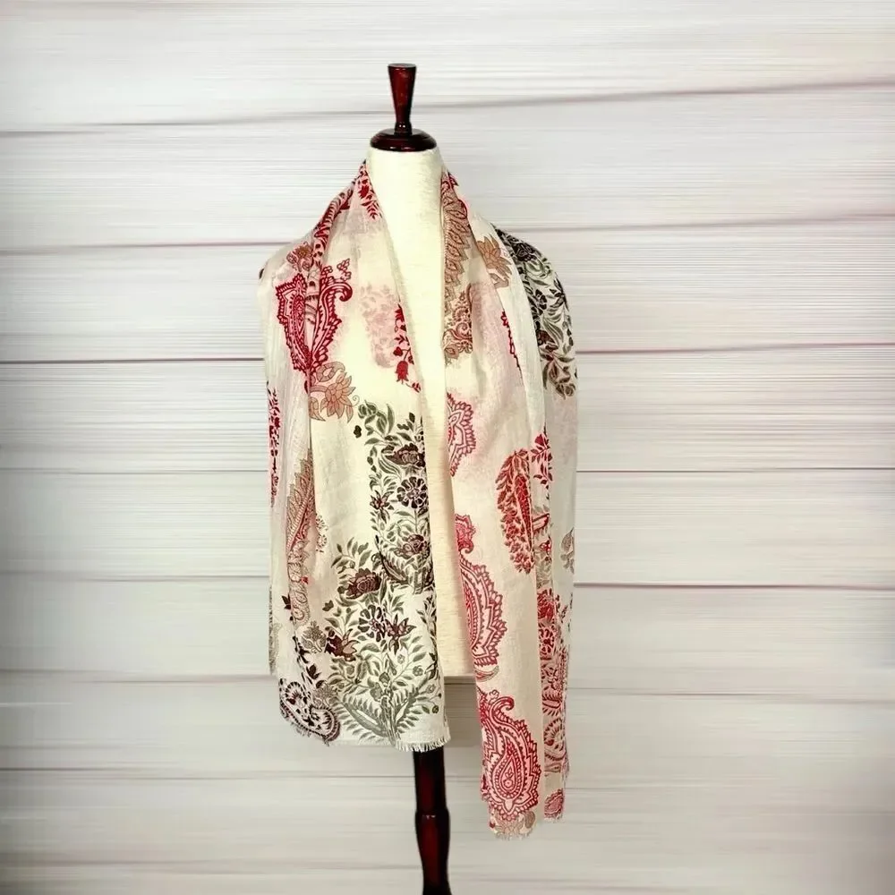 NWOT J. Jill Lightweight Oblong Scarf Woven Wool Paisley Wrap Ivory Red 24x70